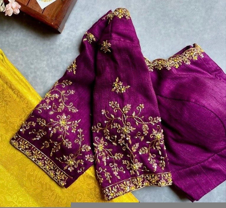 pure silk hand embroidery blouse/magenta pink maggam blouse/purple zardosi blouse/wedding hand embroidered blouse/bridal ready made blouse