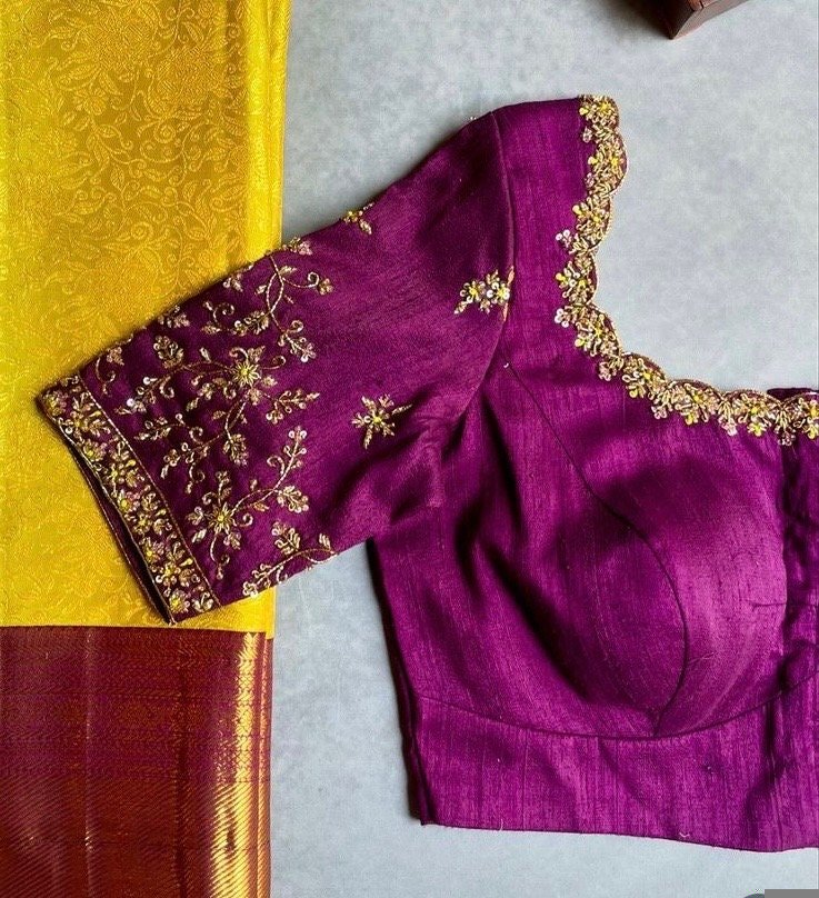 pure silk hand embroidery blouse/magenta pink maggam blouse/purple zardosi blouse/wedding hand embroidered blouse/bridal ready made blouse