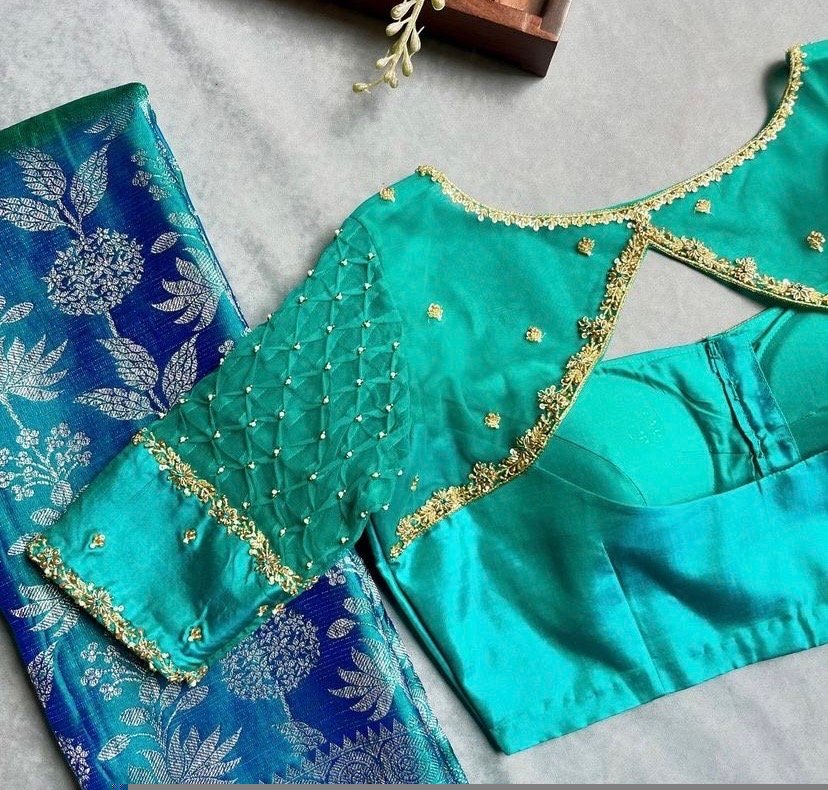 pure silk hand embroidery blouse/saree maggam blouse/ zardosi blouse/turquoise green embroidered blouse/sea green ready made blouse zardosi