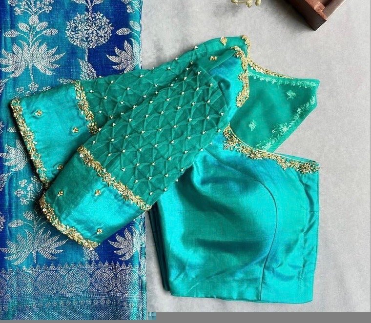 pure silk hand embroidery blouse/saree maggam blouse/ zardosi blouse/turquoise green embroidered blouse/sea green ready made blouse zardosi