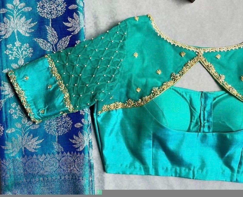 pure silk hand embroidery blouse/saree maggam blouse/ zardosi blouse/turquoise green embroidered blouse/sea green ready made blouse zardosi