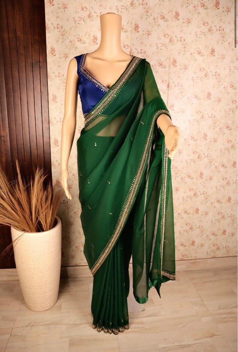 Green chinnon saree with hand embroidered blouse/green saree with blue hand work blouse|sarees USA/ blue pure silk saree/maggam work blouse