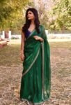 Green chinnon saree with hand embroidered blouse/green saree with blue hand work blouse|sarees USA/ blue pure silk saree/maggam work blouse