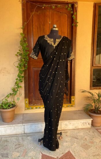 Black Georgette Saree: Hand Embroidered Buti, Zardosi Silk Blouse
