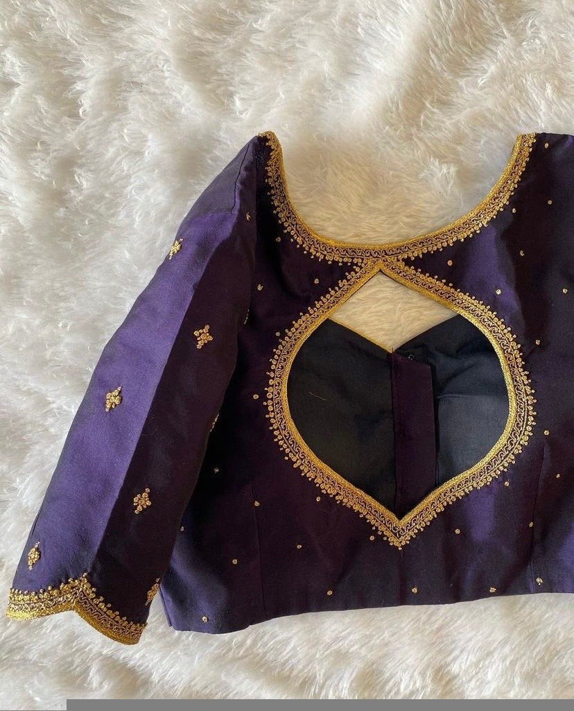 Navy blue silk hand embroidery blouse/blue saree maggam work blouse/blue saree blouse/hand embroidered blouse/blue ready made blouse zardosi
