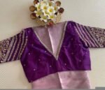 pure silk hand embroidery blouse/purple maggam blouse/purple hand embroidered blouse/purple ready made blouse zardosi/purple v neck blouse