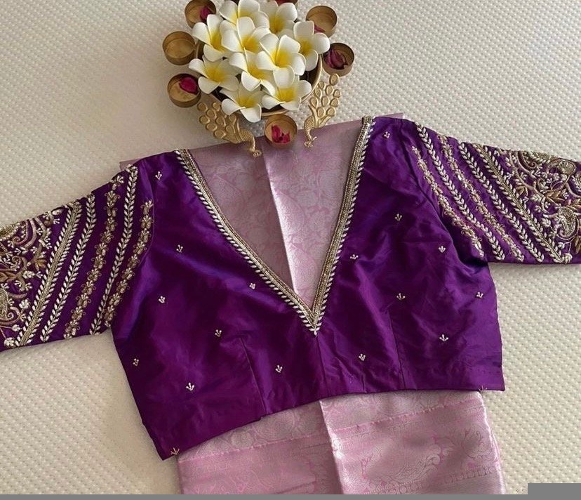 pure silk hand embroidery blouse/purple maggam blouse/purple hand embroidered blouse/purple ready made blouse zardosi/purple v neck blouse