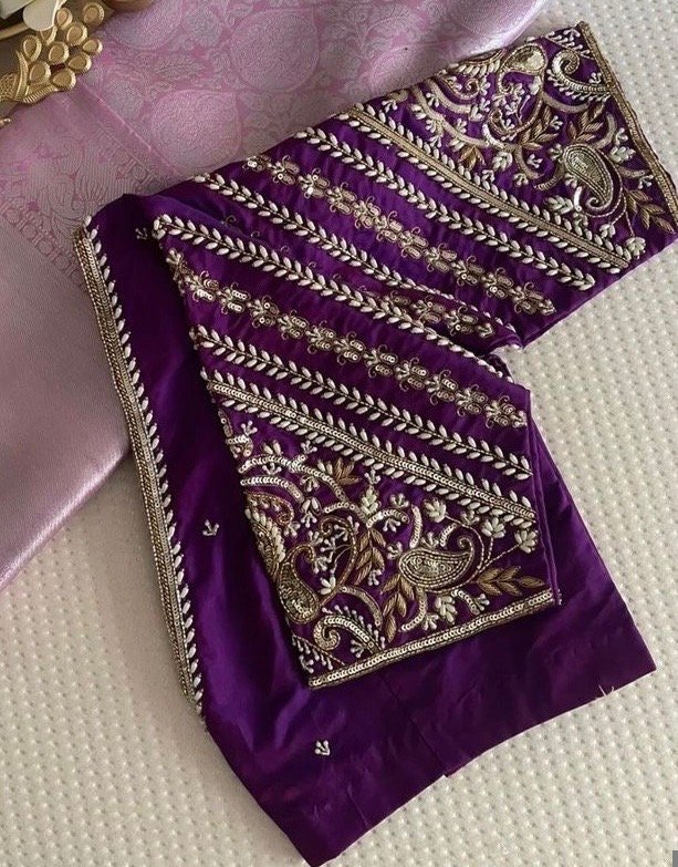 pure silk hand embroidery blouse/purple maggam blouse/purple hand embroidered blouse/purple ready made blouse zardosi/purple v neck blouse