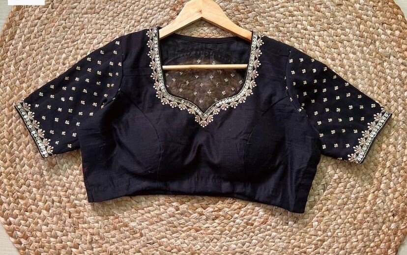 pure silk hand embroidery blouse/ saree maggam blouse/black zardosi blouse /hand embroidered moderblouse/black ready made blouse zardosi usa