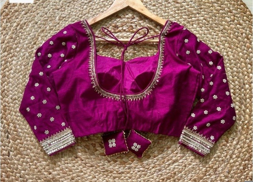 Purple pink hand embroidery blouse/saree maggam blouse/pure silk zardosi blouse/magenta pink embroidered blouse/maggam full sleeve blouse