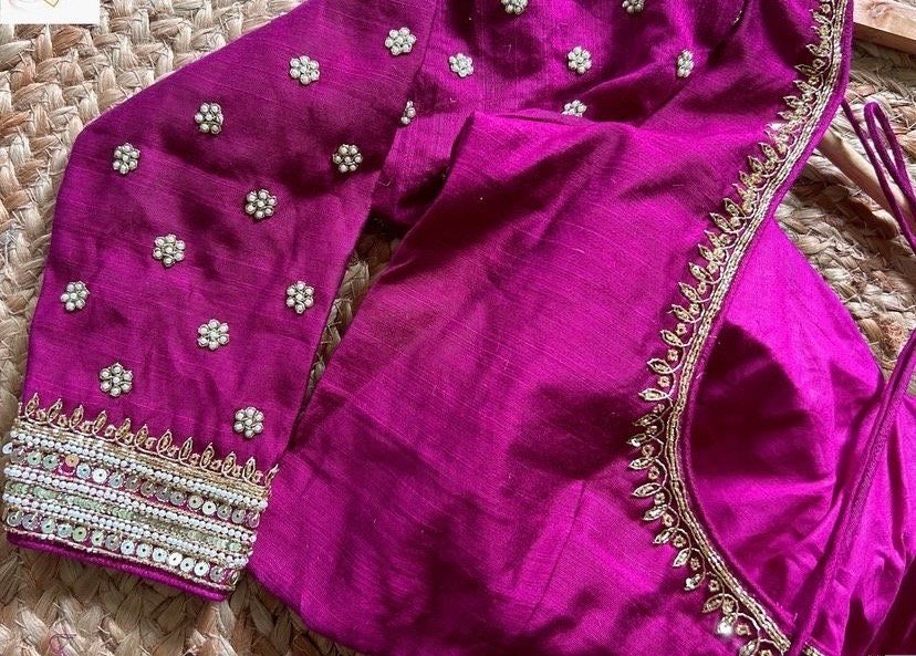 Purple pink hand embroidery blouse/saree maggam blouse/pure silk zardosi blouse/magenta pink embroidered blouse/maggam full sleeve blouse