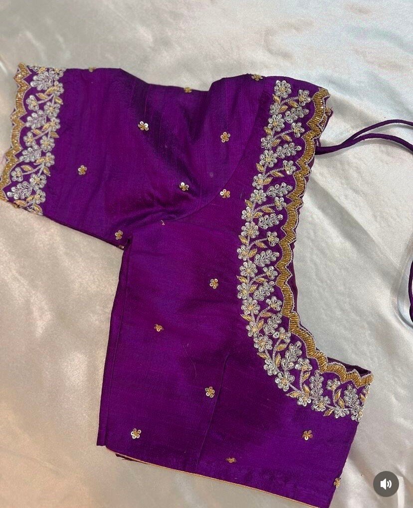 pure silk hand embroidery blouse/ saree maggam blouse/purple zardosi blouse usa/hand embroidered moderblouse/ ready made blouse zardosi usa