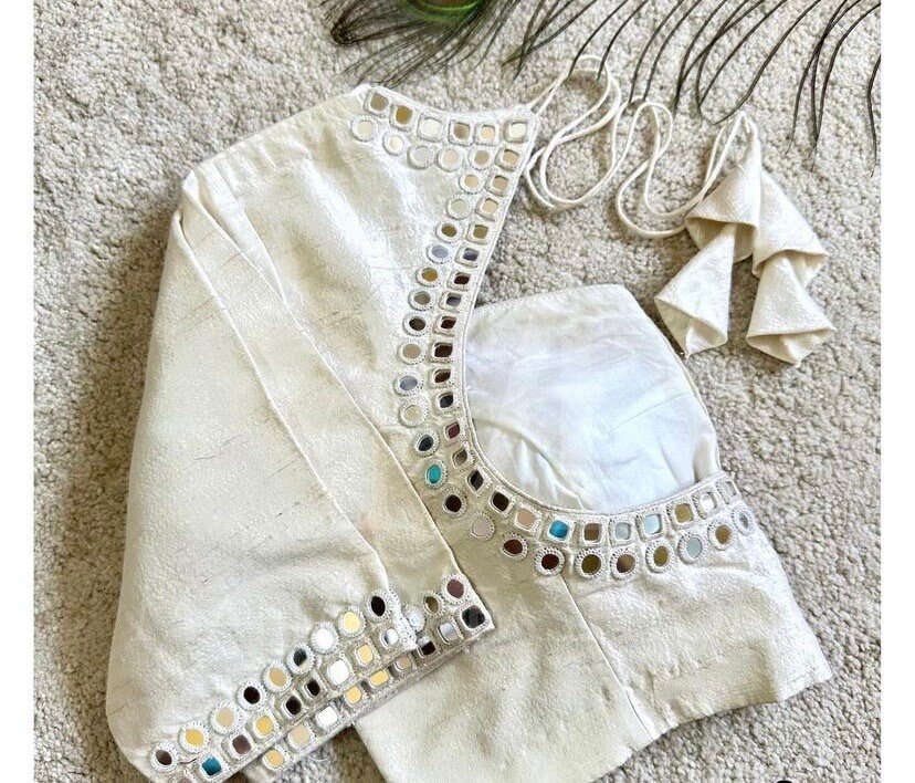 pure silk hand embroidery blouse/beige mirror hand made blouse/pure raw silk zardosi blouse/hand embroidered blouse/cream mirror work blouse