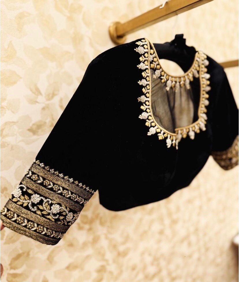 pure silk hand embroidery blouse/saree maggam blouse/black zardosi blouse/hand embroidered modern blouse/black ready made blouse zardosi