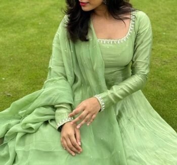 Hand Embroidered Chanderi Silk Anarkali Suit: Mehendi Green Indian Dress