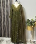 Hand embroidered Anarkali with pants/anarkali suit set/anarkali wit dupatta USA/olive green kurta with dupatta/olive green anarkali dress