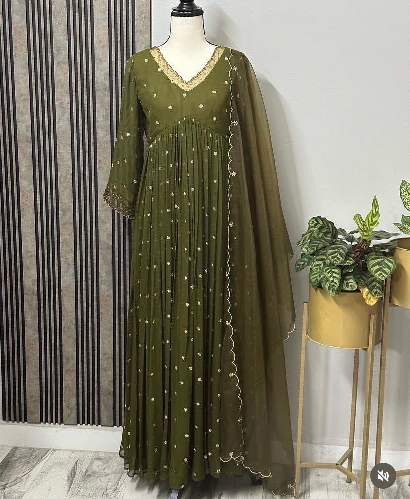 Hand embroidered Anarkali with pants/anarkali suit set/anarkali wit dupatta USA/olive green kurta with dupatta/olive green anarkali dress