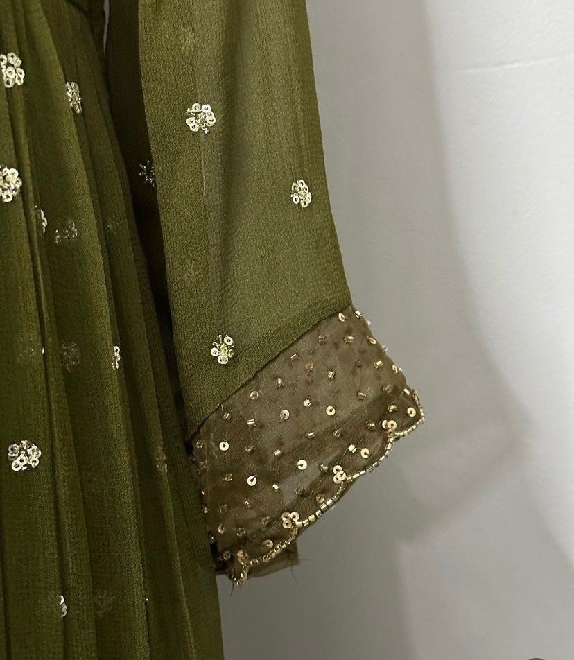 Hand embroidered Anarkali with pants/anarkali suit set/anarkali wit dupatta USA/olive green kurta with dupatta/olive green anarkali dress