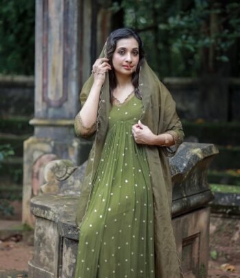 Hand embroidered Anarkali with pants/anarkali suit set/anarkali wit dupatta olive green kurta with dupatta/olive green anarkali dress
