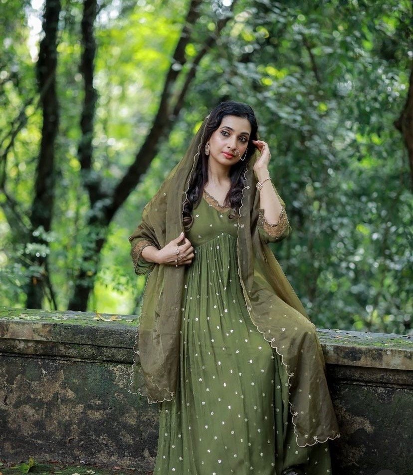 Hand embroidered Anarkali with pants/anarkali suit set/anarkali wit dupatta USA/olive green kurta with dupatta/olive green anarkali dress