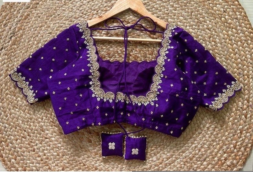 pure silk hand embroidery blouse/ saree maggam blouse/purple zardosi blouse usa/hand embroidered moderblouse/ ready made blouse zardosi usa