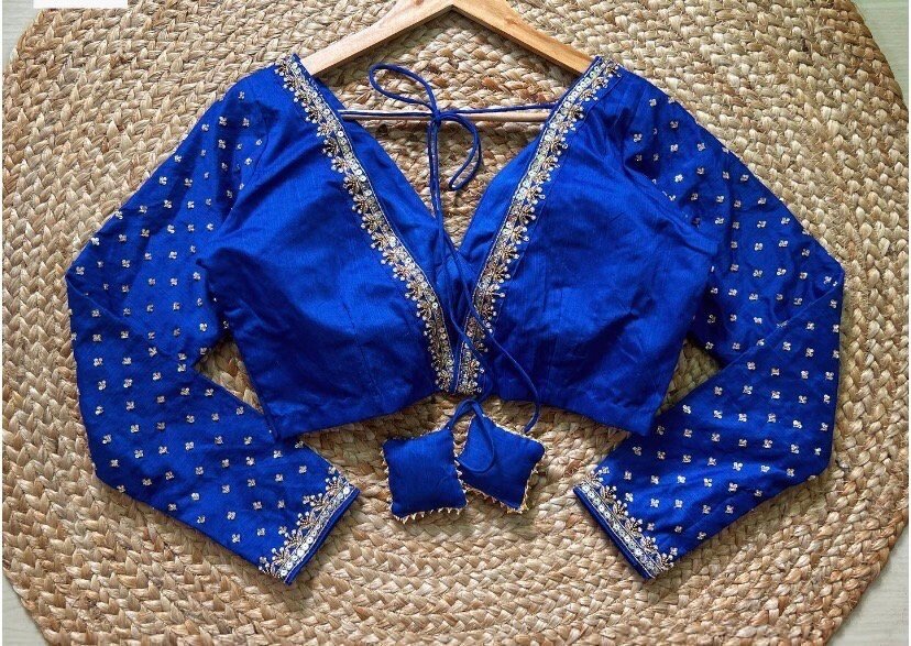 Royal blue hand embroidery blouse/saree maggam blouse/pure silk zardosi blouse/blue hand embroidered blouse/heavy maggam full sleeve blouse