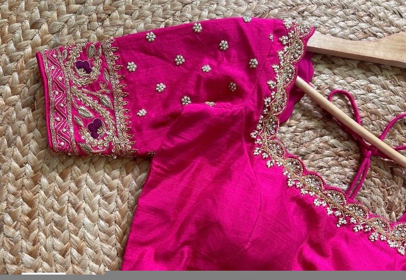pure silk hand embroidery blouse/saree maggam blouse/hot pink zardosi blouse/hand embroidered blouse /magenta pink ready made blouse zardosi