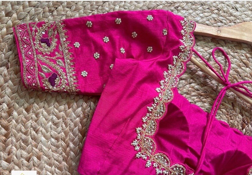 pure silk hand embroidery blouse/saree maggam blouse/hot pink zardosi blouse/hand embroidered blouse /magenta pink ready made blouse zardosi
