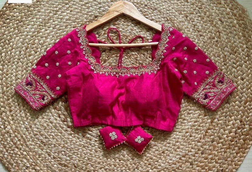 pure silk hand embroidery blouse/saree maggam blouse/hot pink zardosi blouse/hand embroidered blouse /magenta pink ready made blouse zardosi