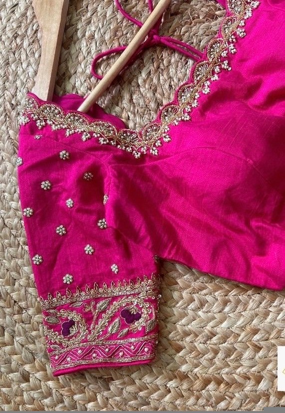 pure silk hand embroidery blouse/saree maggam blouse/hot pink zardosi blouse/hand embroidered blouse /magenta pink ready made blouse zardosi