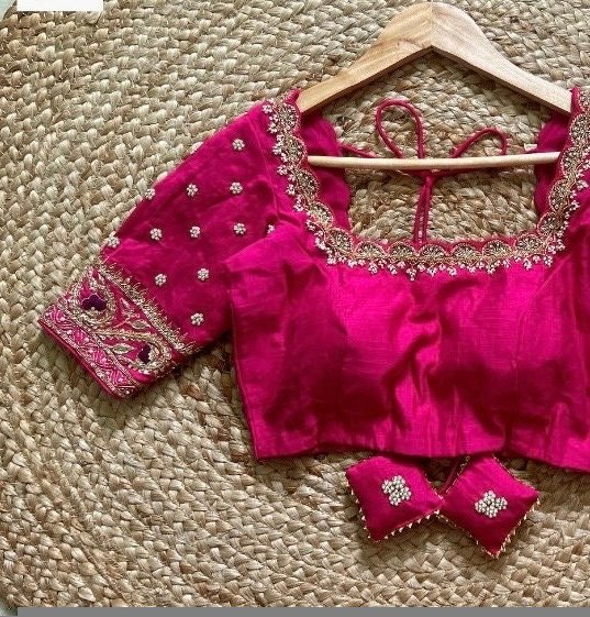 pure silk hand embroidery blouse/saree maggam blouse/hot pink zardosi blouse/hand embroidered blouse /magenta pink ready made blouse zardosi