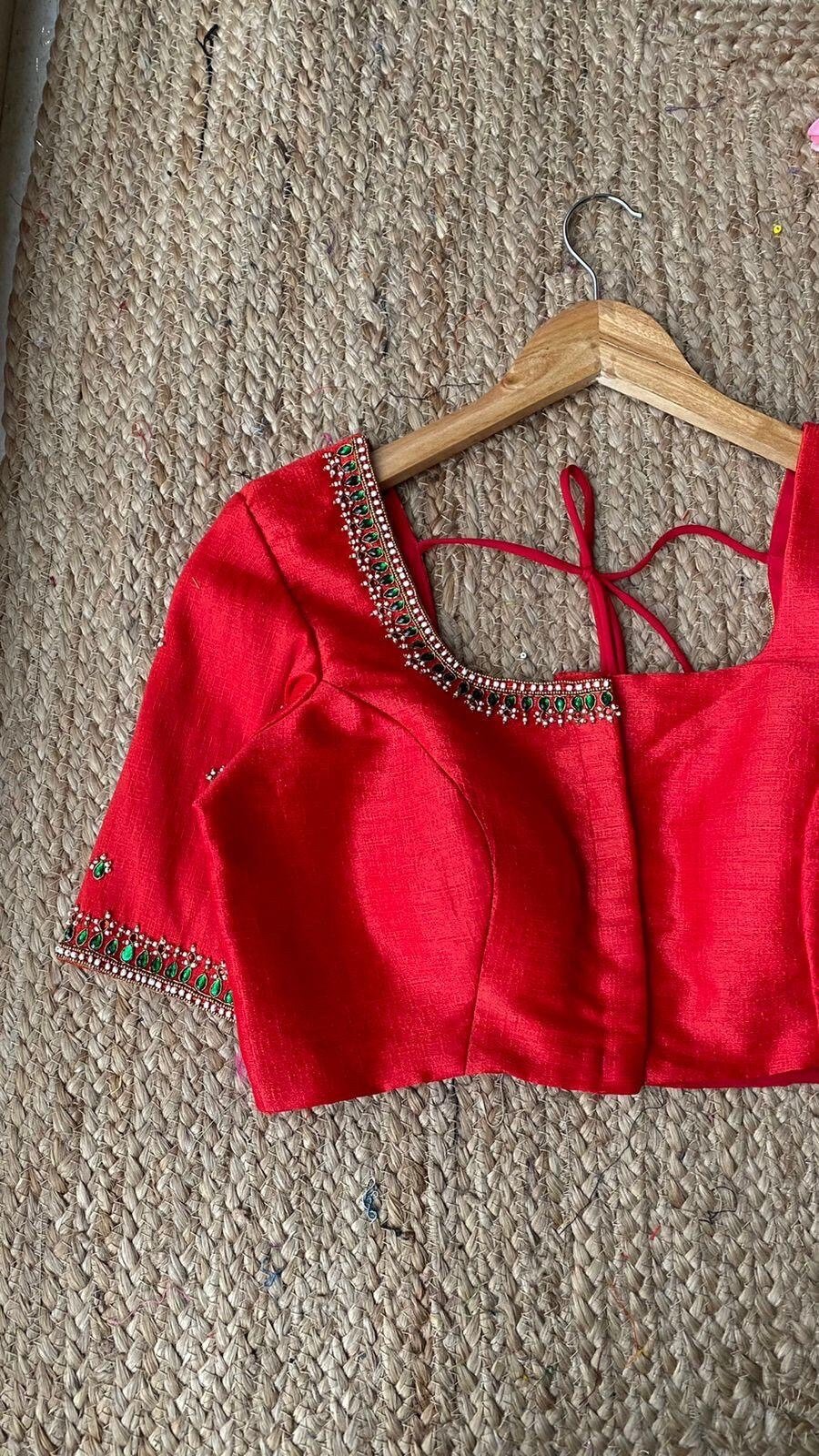 pure silk hand embroidery blouse/saree maggam blouse/red zardosi blouse/red hand embroidered moderblouse/red ready made blouse zardosi usa