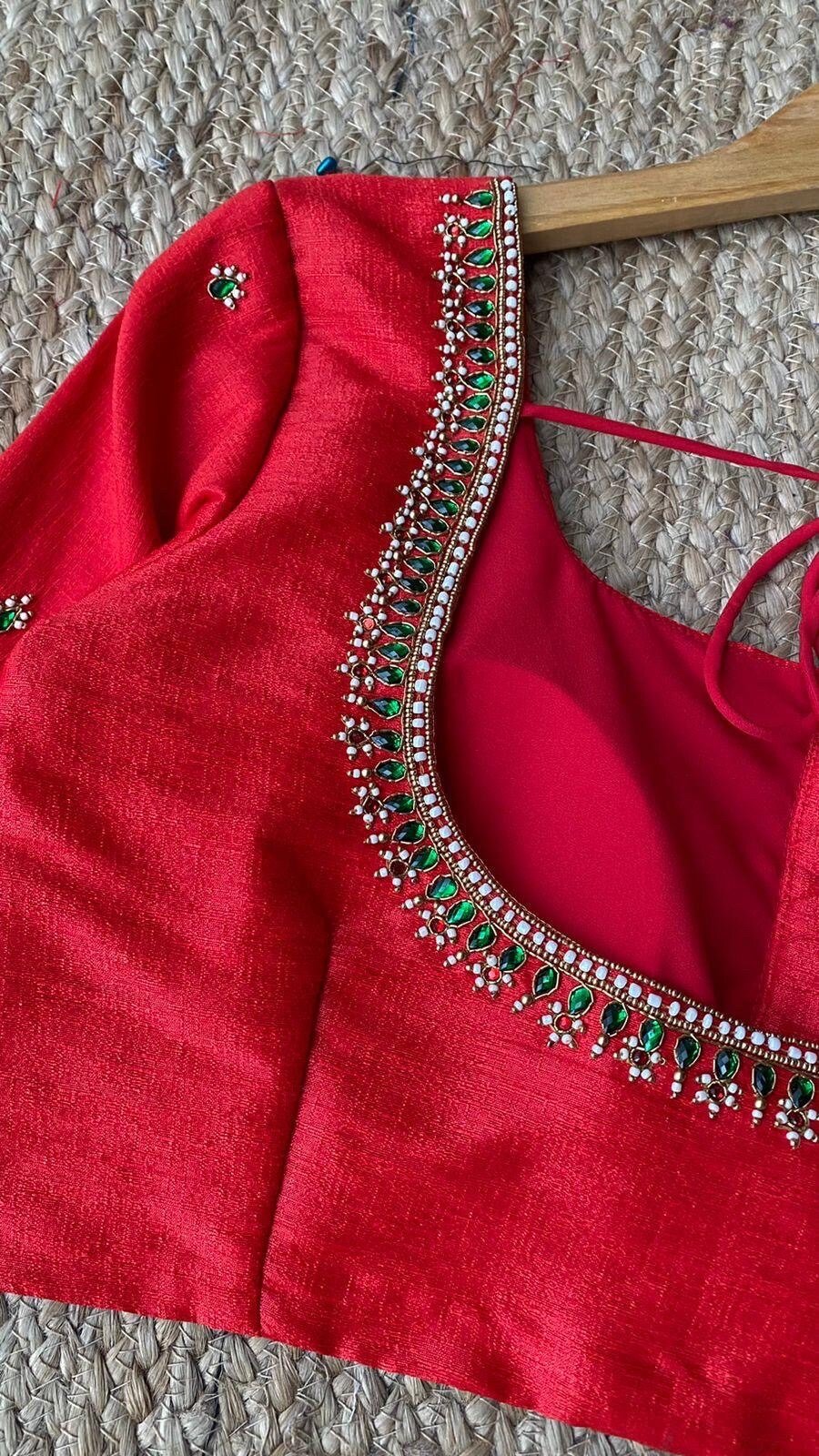 pure silk hand embroidery blouse/saree maggam blouse/red zardosi blouse/red hand embroidered moderblouse/red ready made blouse zardosi usa