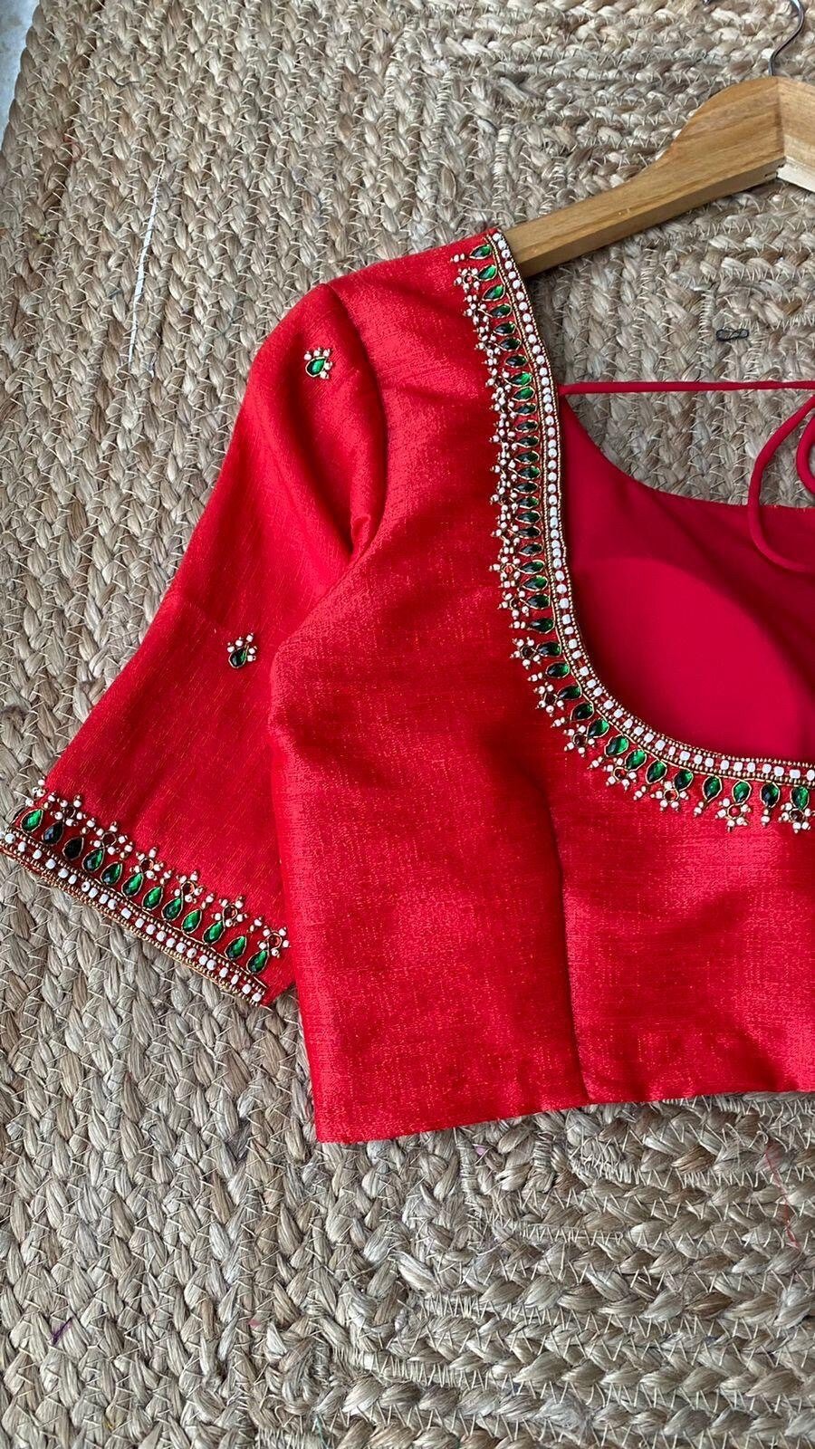pure silk hand embroidery blouse/saree maggam blouse/red zardosi blouse/red hand embroidered moderblouse/red ready made blouse zardosi usa
