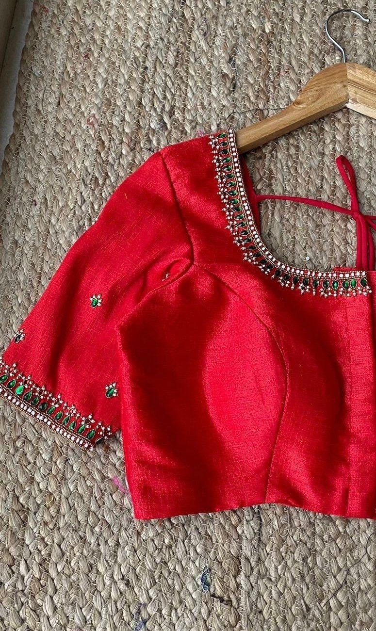 pure silk hand embroidery blouse/saree maggam blouse/red zardosi blouse/red hand embroidered moderblouse/red ready made blouse zardosi usa