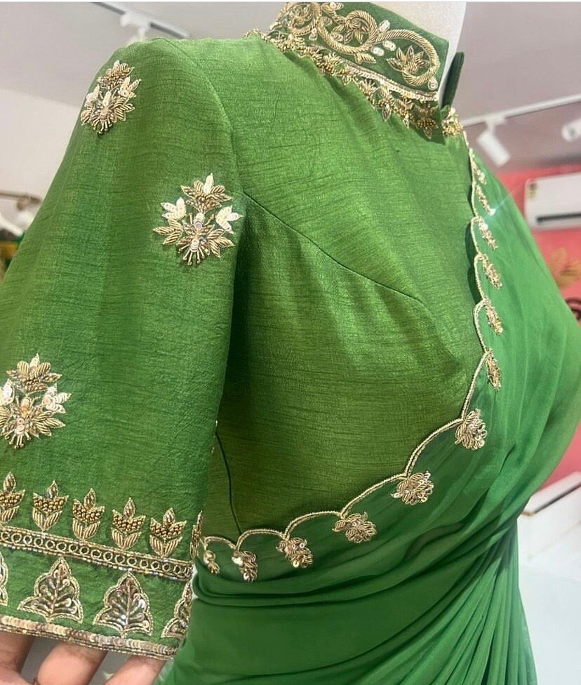 pure silk hand embroidery saree with blouse/ green saree with maggam blouse/gree saree zardosi blouse/hand embroidered blouse organza saree