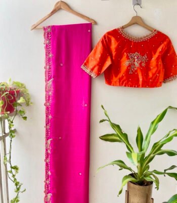 pure silk pink sari set with hand embroidery blouse/saree with maggam blouse/pink saree orange zardosi blouse/hand embroidered orange blouse
