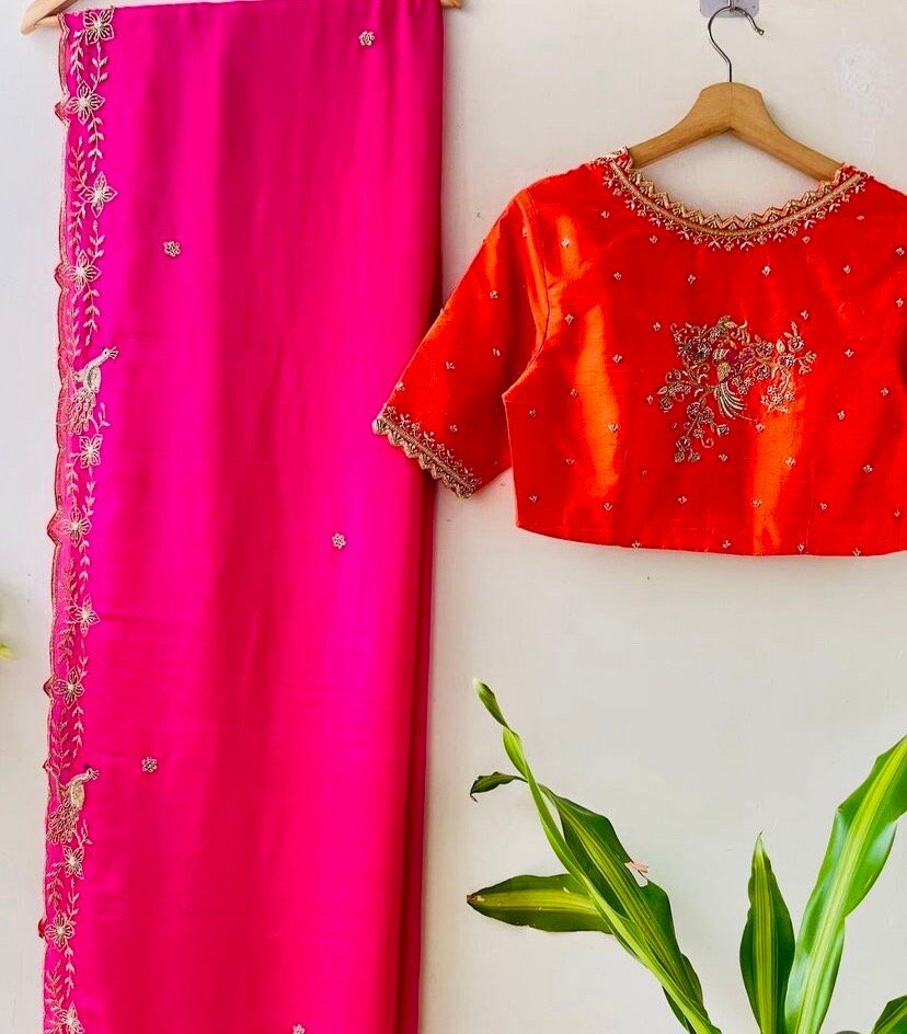 pure silk pink sari set with hand embroidery blouse/saree with maggam blouse/pink saree orange zardosi blouse/hand embroidered orange blouse