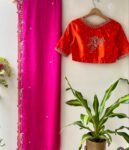 pure silk pink sari set with hand embroidery blouse/saree with maggam blouse/pink saree orange zardosi blouse/hand embroidered orange blouse