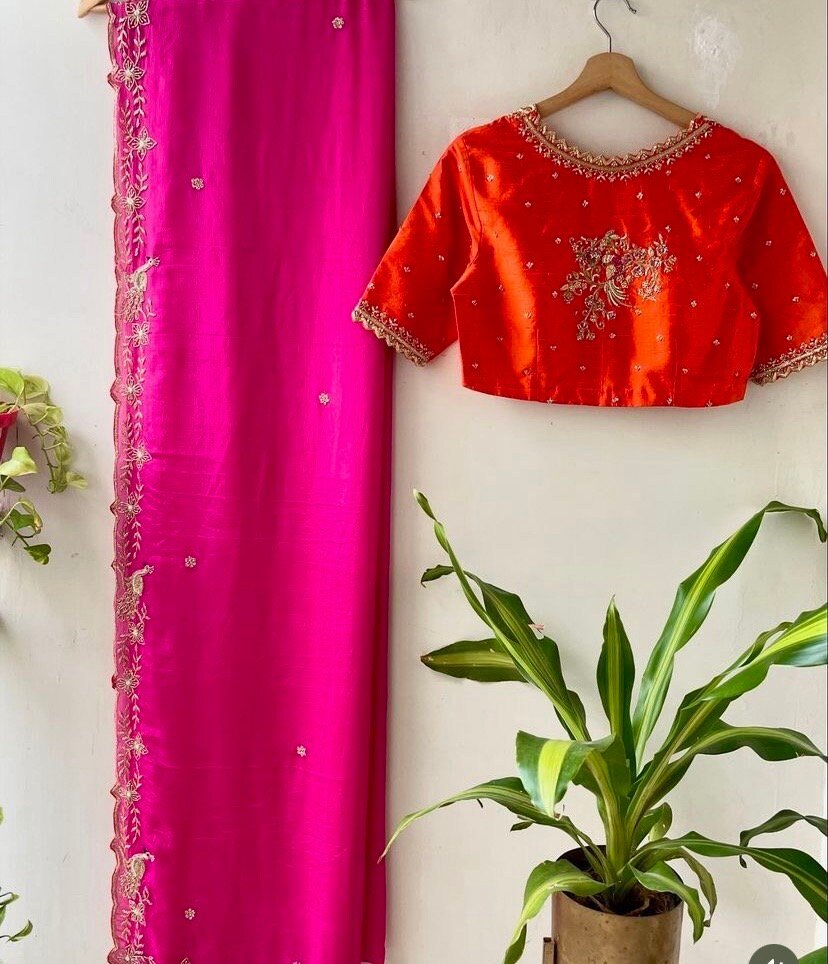 pure silk pink sari set with hand embroidery blouse/saree with maggam blouse/pink saree orange zardosi blouse/hand embroidered orange blouse