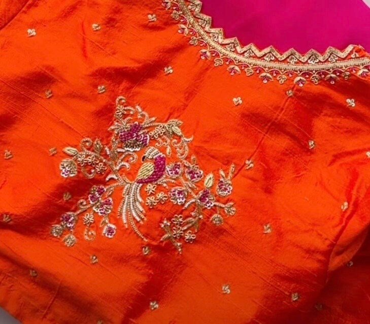pure silk pink sari set with hand embroidery blouse/saree with maggam blouse/pink saree orange zardosi blouse/hand embroidered orange blouse