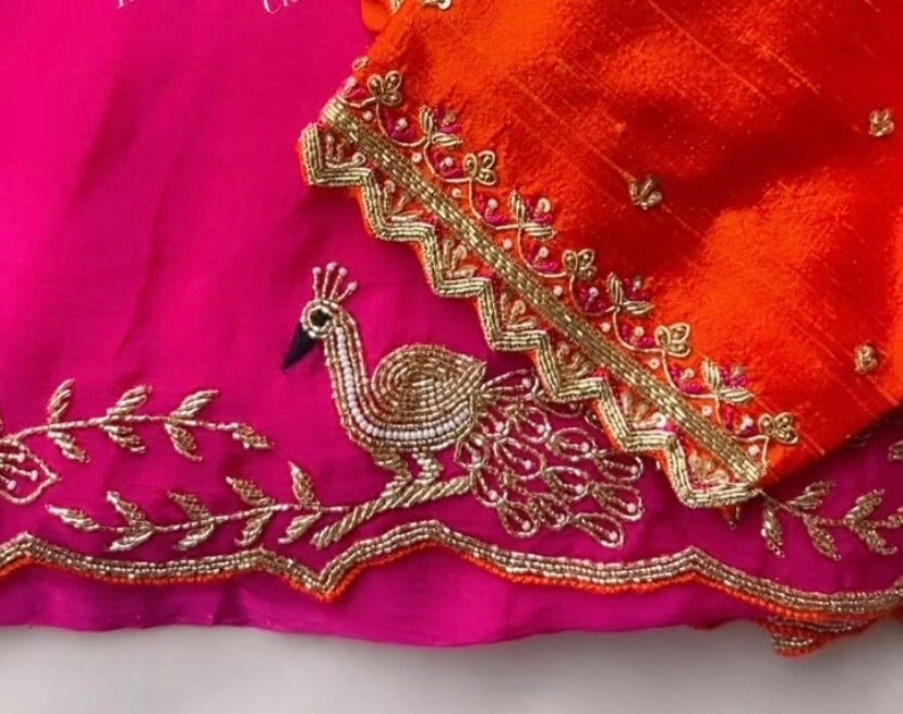 pure silk pink sari set with hand embroidery blouse/saree with maggam blouse/pink saree orange zardosi blouse/hand embroidered orange blouse