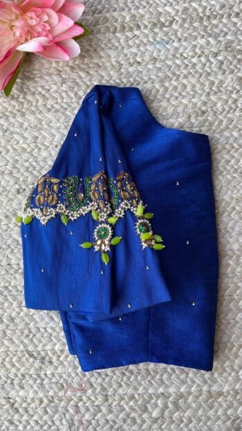 pure silk hand embroidery blouse/saree maggam blouse/blue zardosi blouse/royal blue embroidered moderblouse/blue ready made high neck blouse