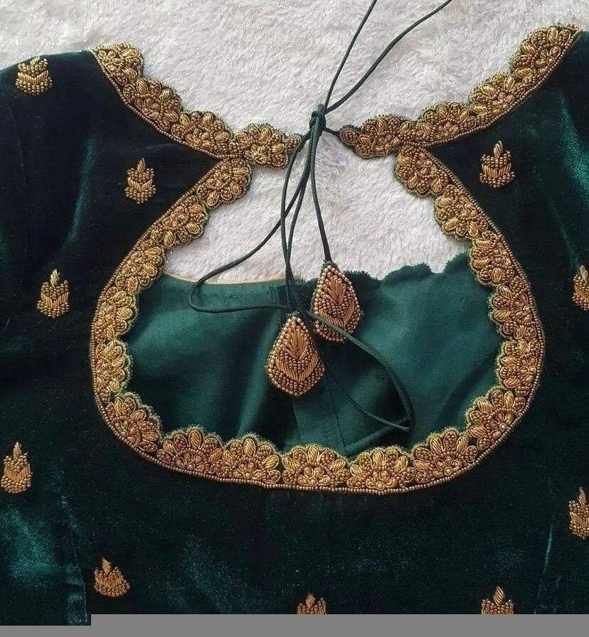 pure velvet hand embroidery blouse/modern saree maggam blouse/green zardosi blouse/ hand embroidered blouse/green velvet ready made blouse