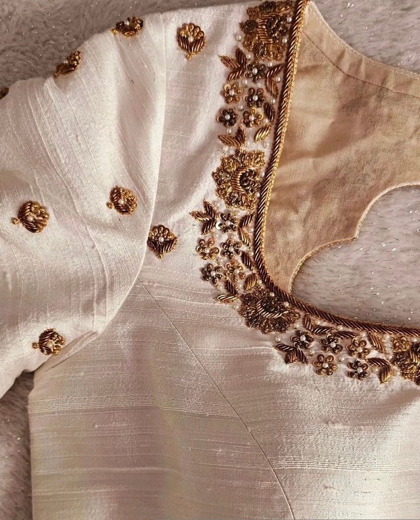 pure silk hand embroidery blouse/modern maggam blouse/multi colored cream zardosi blouse/hand embroidered blouse/off white ready made blouse