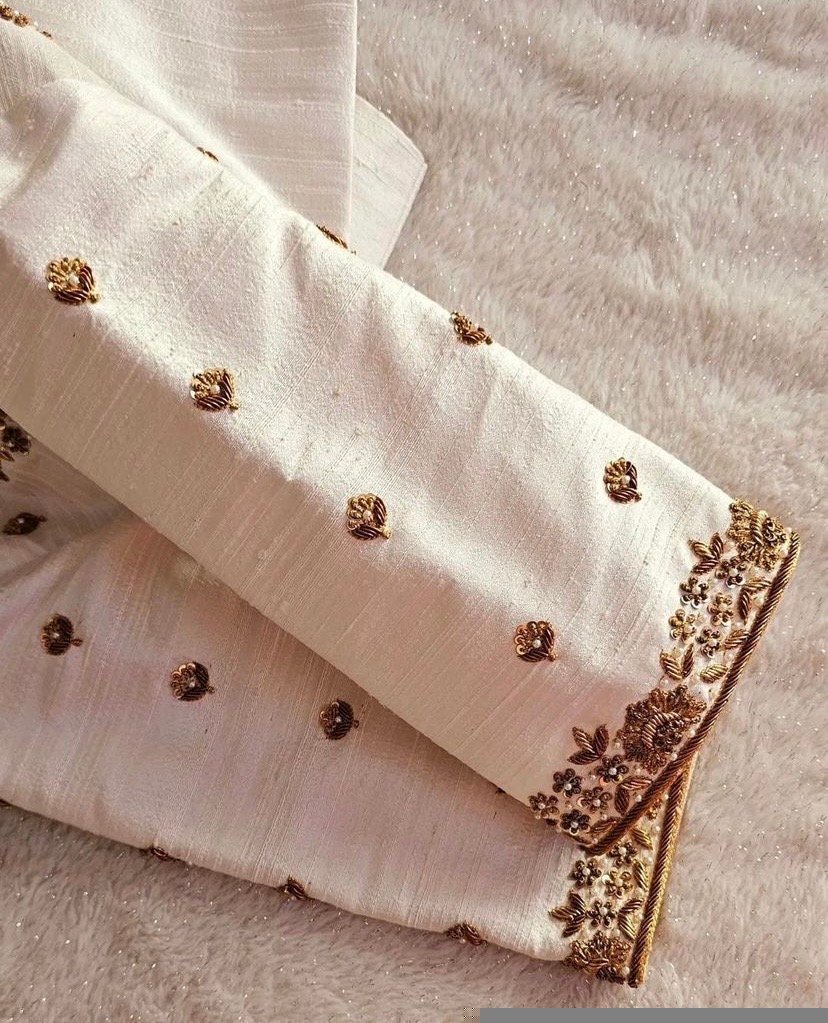 pure silk hand embroidery blouse/modern maggam blouse/multi colored cream zardosi blouse/hand embroidered blouse/off white ready made blouse