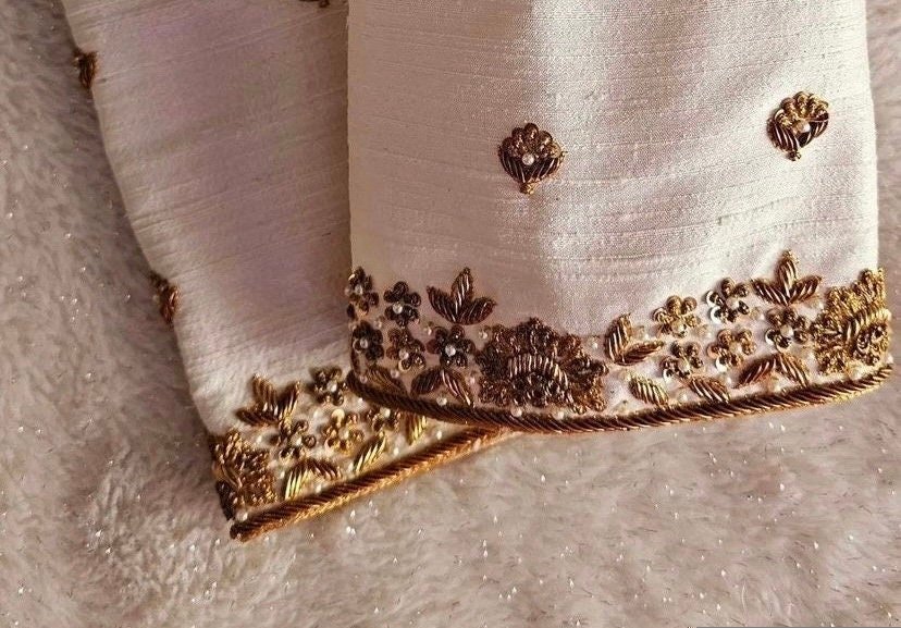 pure silk hand embroidery blouse/modern maggam blouse/multi colored cream zardosi blouse/hand embroidered blouse/off white ready made blouse