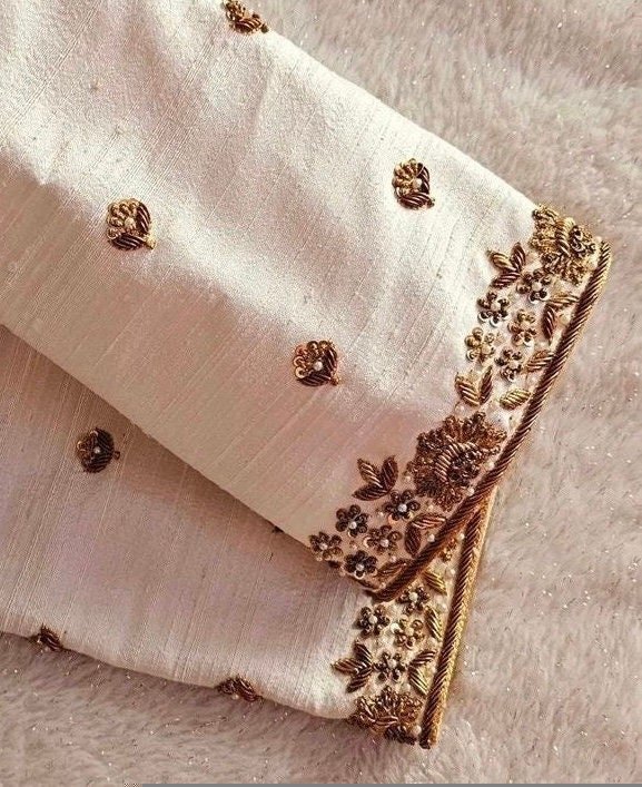 pure silk hand embroidery blouse/modern maggam blouse/multi colored cream zardosi blouse/hand embroidered blouse/off white ready made blouse