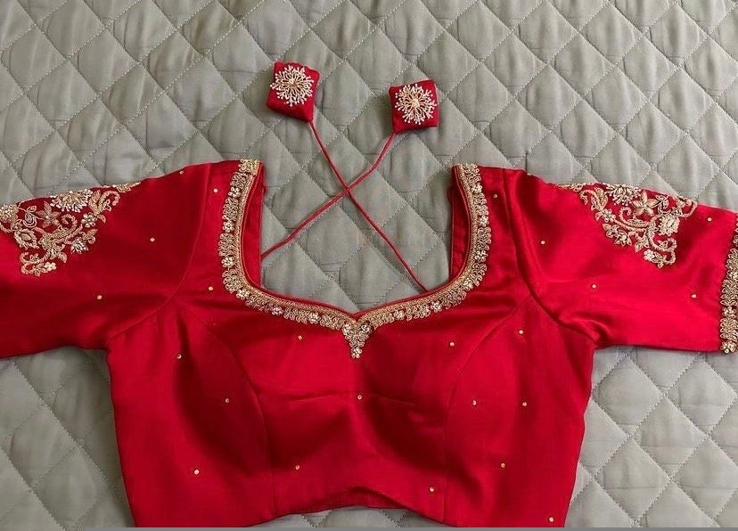 pure silk hand embroidery blouse/reddish pink maggam blouse /raw silk zardosi blouse/hand embroidered blouse /red ready made blouse zardosi