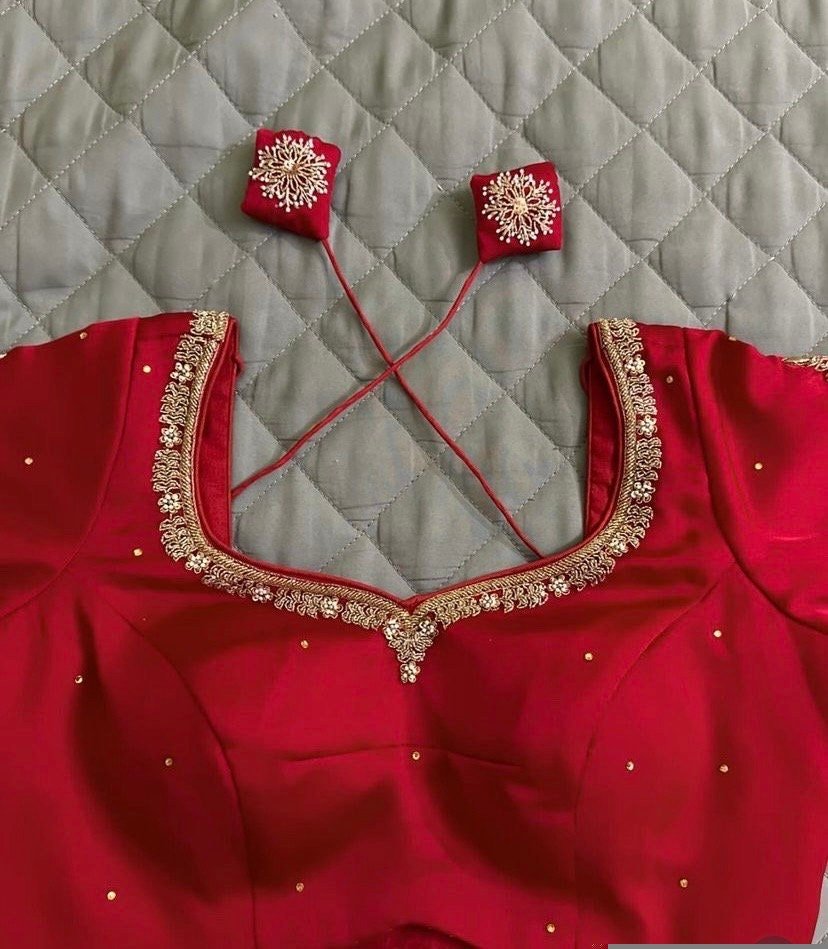 pure silk hand embroidery blouse/reddish pink maggam blouse /raw silk zardosi blouse/hand embroidered blouse /red ready made blouse zardosi